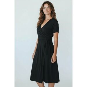 Toad & Co Women M Black Faux Wrap Dress Organic Cotton Blend Belted Brunch